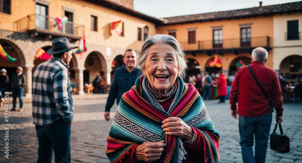 Fototapeta premium Excited elderly Hispanic woman wearing a shawl in a town square during a festival