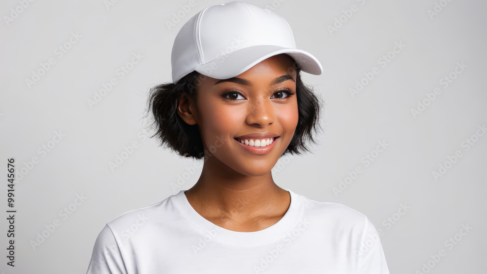 Young black woman with short hair wearing white t-shirt and white baseball cap isolated on grey background Young black woman with short hair wearing white t-shirt and white baseball cap isolated on grey background