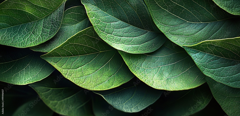 Fototapeta premium Close-up of green leaves with intricate veins.