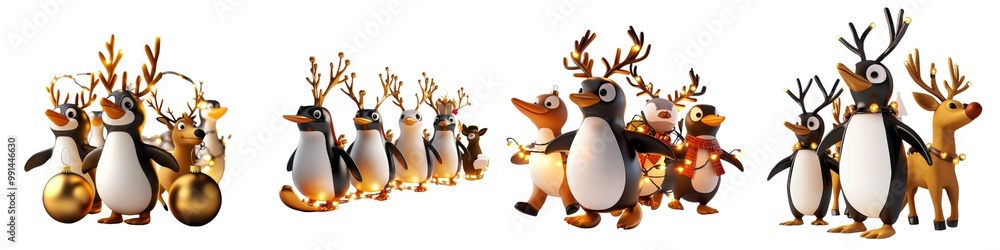 Fototapeta premium A cheerful group of animated penguins and reindeer celebrating together with festive accessories and joyful expressions.