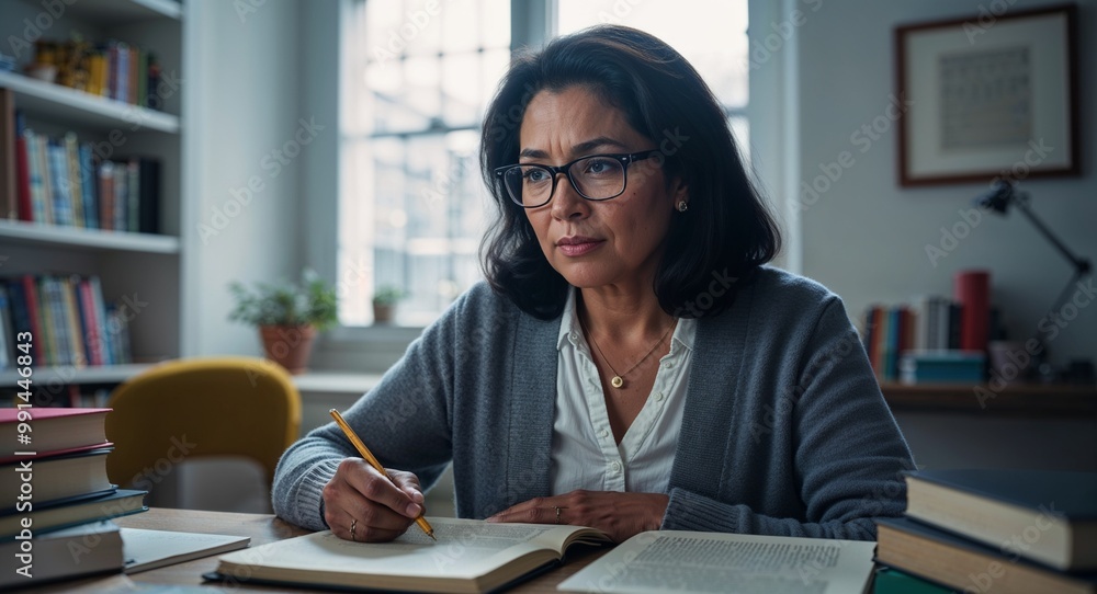 Focused middleaged Hispanic woman wearing glasses in a cozy kitchen baking Focused middleaged Hispanic woman wearing glasses in a cozy kitchen baking