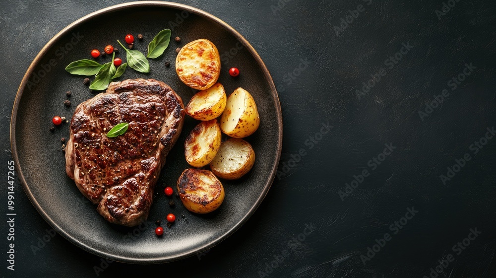 Aerial shot of a steak on a plate with a side of baked potatoes and a clean surface for ample space for text or design. Aerial shot of a steak on a plate with a side of baked potatoes and a clean surface for ample space for text or design.