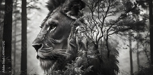 double exposure lion head and forest. Monochrome