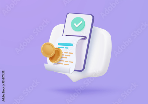 3D bill icon with clock alarm notice for promotion payment transaction. Business invoice order expenses idea for accounting in store concept. 3d receipt list icon vector render illustration