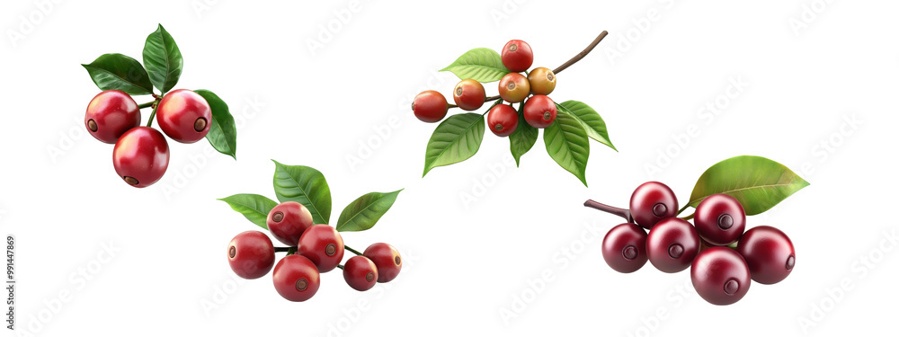 Cluster of coffee fruits on a branch on a white background Cluster of coffee fruits on a branch on a white background