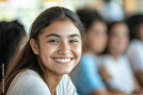 Female Student Smiling with Friends in School Background, Joyful Educational Environment