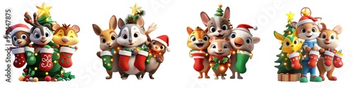 A festive scene featuring adorable animated animals celebrating Christmas with decorations and stockings.