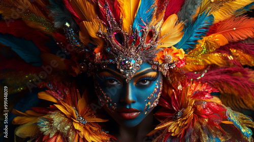 A woman wearing a colorful costume with feathers and glitter photo