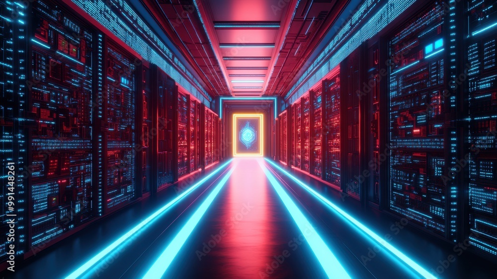 Futuristic server room with glowing lights and a central portal, representing advanced technology and digital connectivity. Futuristic server room with glowing lights and a central portal, representing advanced technology and digital connectivity.