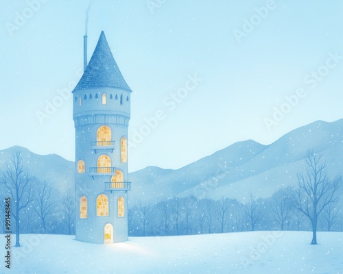 Wallpaper Mural Enchanted library tower, glowing books floating in midair, snow falling outside, mystical winter scene, Torontodigital.ca