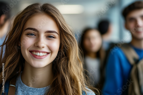 Female Student Smiling with Friends in School Background, Joyful Educational Environment