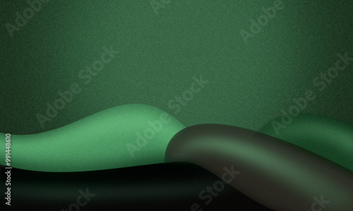 Elegant abstract background with smooth, flowing 3D green and black waves against a textured dark green gradient. Ideal for modern designs, presentations, digital art. Enhance your project stylishly.