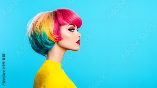 A profile view of a person with vibrant, multicolored hair against a bright blue background, showcasing bold fashion and beauty aesthetics. photo