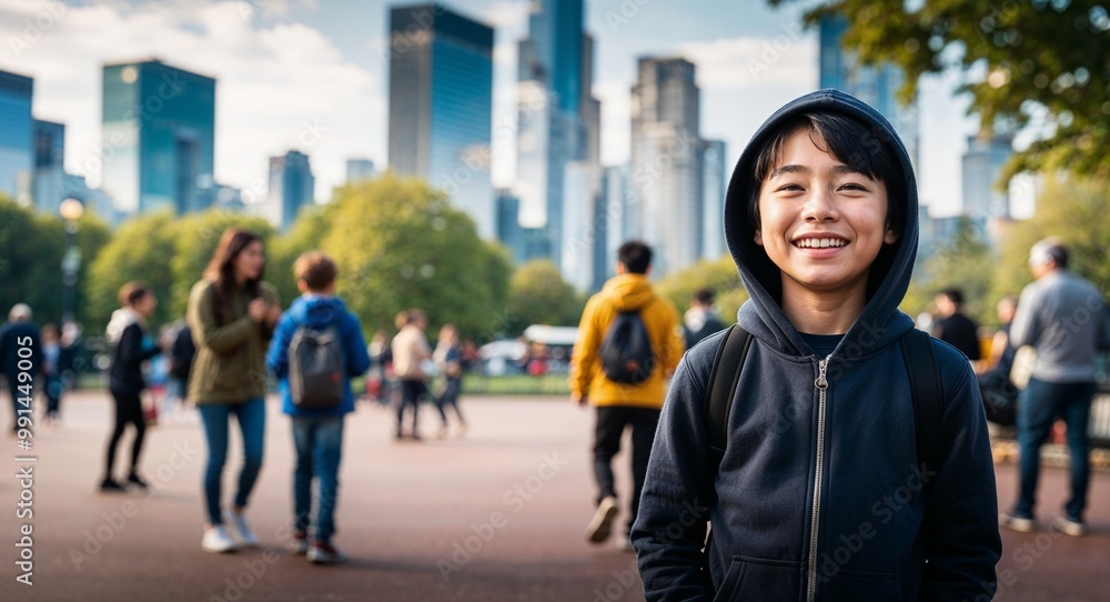 Joyful young Asian boy wearing a hoodie in a busy city park Joyful young Asian boy wearing a hoodie in a busy city park