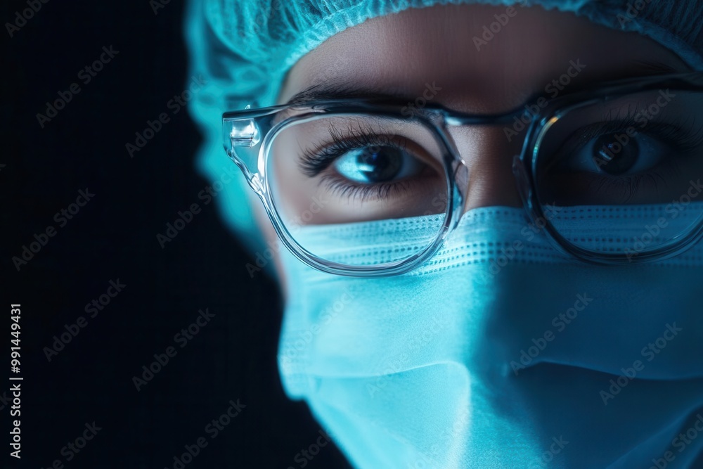 Close-up of a medical professional wearing glasses, mask, and surgical cap against a dark background, highlighting the focused eyes. Close-up of a medical professional wearing glasses, mask, and surgical cap against a dark background, highlighting the focused eyes.