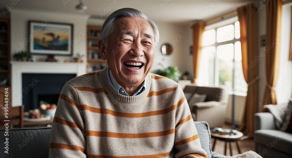 Laughing elderly Asian man wearing a sweater in a living room during a family gathering Laughing elderly Asian man wearing a sweater in a living room during a family gathering