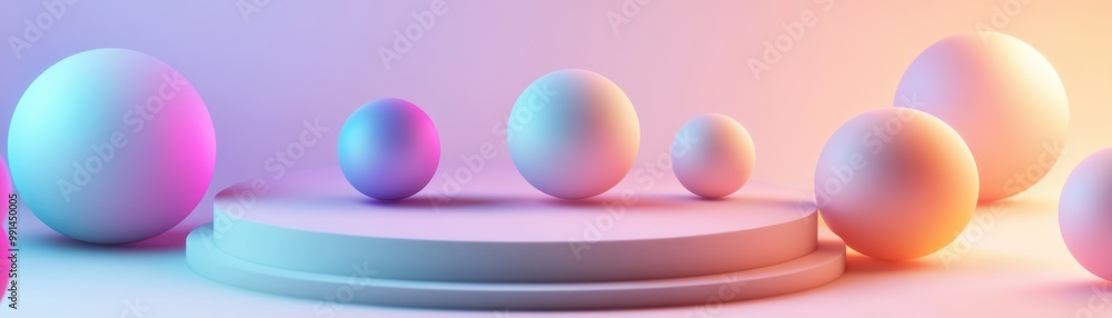 Obraz premium A vibrant display of colorful spheres on a sleek platform, creating a modern and artistic atmosphere for creative projects.