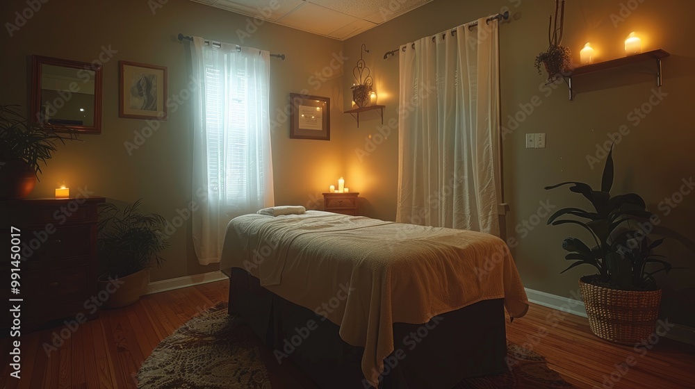 A relaxing spa room with a massage table, candles, and plants. A relaxing spa room with a massage table, candles, and plants.