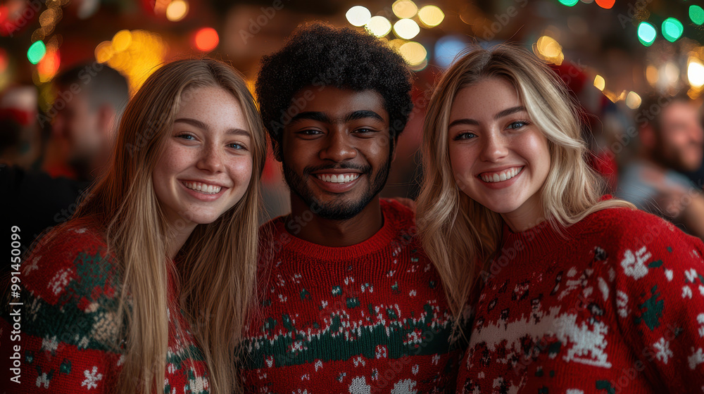 Festive group of friends wearing matching ugly Christmas sweaters, smiling joyfully in vibrant holiday setting filled with colorful lights Festive group of friends wearing matching ugly Christmas sweaters, smiling joyfully in vibrant holiday setting filled with colorful lights