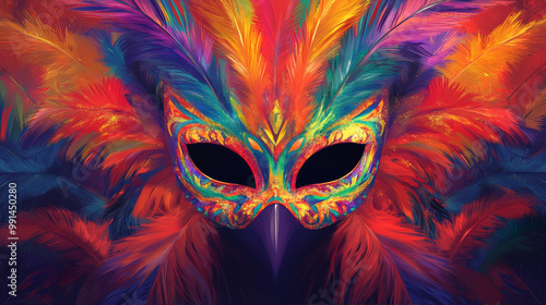 A colorful mask with feathers and a black eye