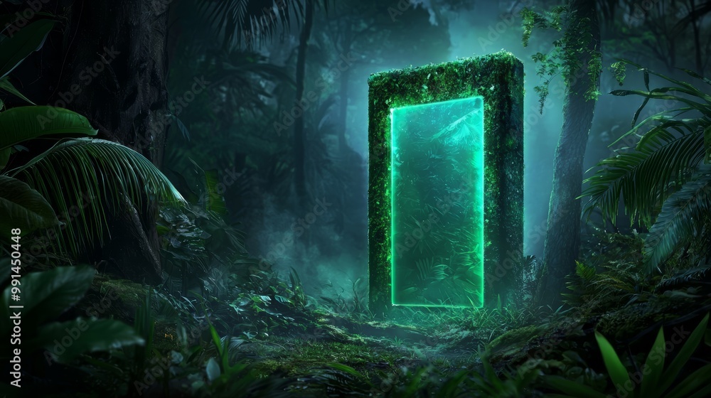 A glowing holographic display emerging from the foliage in a jungle, powered by the natural energy of the environment. A glowing holographic display emerging from the foliage in a jungle, powered by the natural energy of the environment.