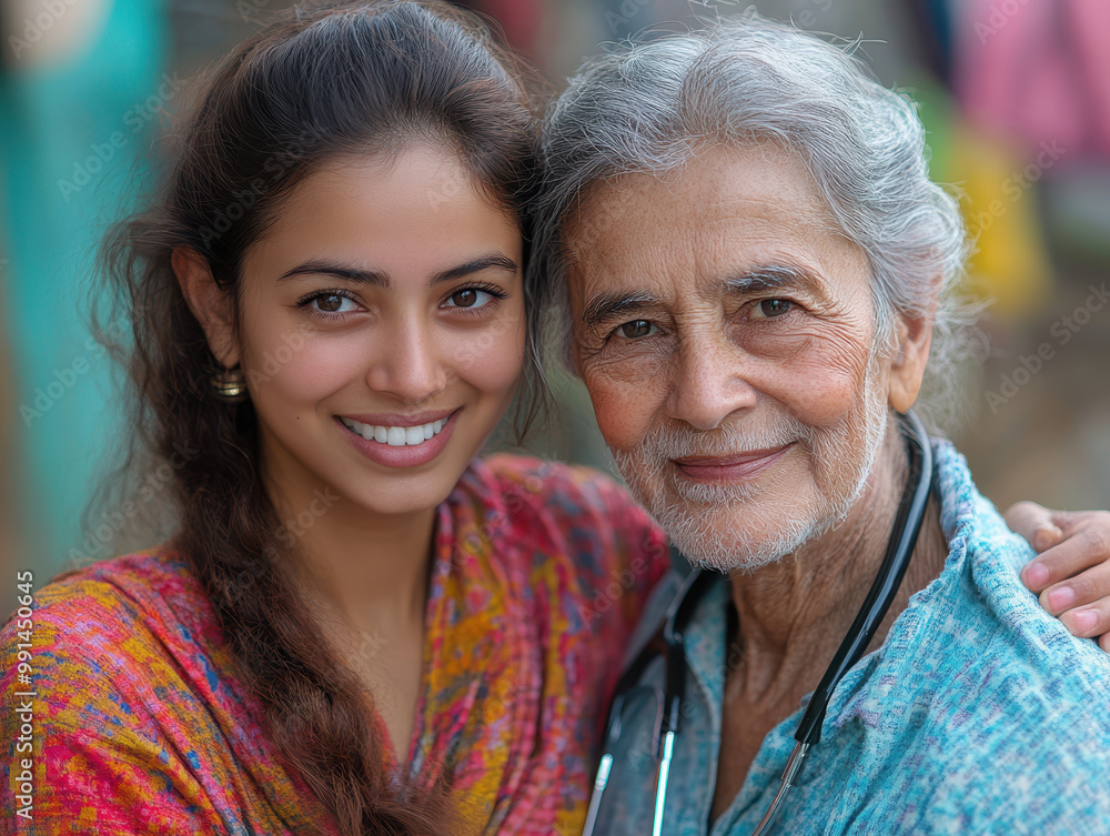 joyful young woman and elderly woman share warm smile, showcasing strong bond. Their colorful attire reflects cultural richness, while stethoscope hints at healthcare setting joyful young woman and elderly woman share warm smile, showcasing strong bond. Their colorful attire reflects cultural richness, while stethoscope hints at healthcare setting