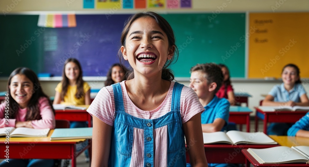 Laughing young Hispanic girl wearing casual clothes in a colorful classroom Laughing young Hispanic girl wearing casual clothes in a colorful classroom