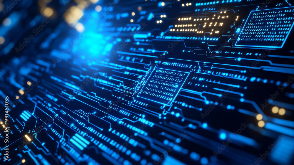 A futuristic blue background with a circuit board, a computer chip, and HTML code. The image is designed to represent the world of technology. A futuristic blue background with a circuit board, a computer chip, and HTML code. The image is designed to represent the world of technology.