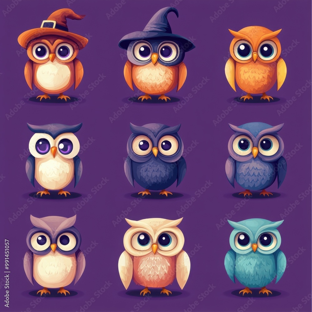 Fototapeta premium A set of adorable Halloween-themed avatars based on a Charming witch owl.