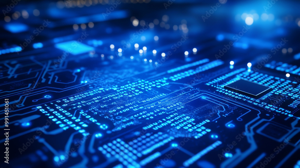 A futuristic blue background with a circuit board, a computer chip, and HTML code. The image is designed to represent the world of technology. A futuristic blue background with a circuit board, a computer chip, and HTML code. The image is designed to represent the world of technology.
