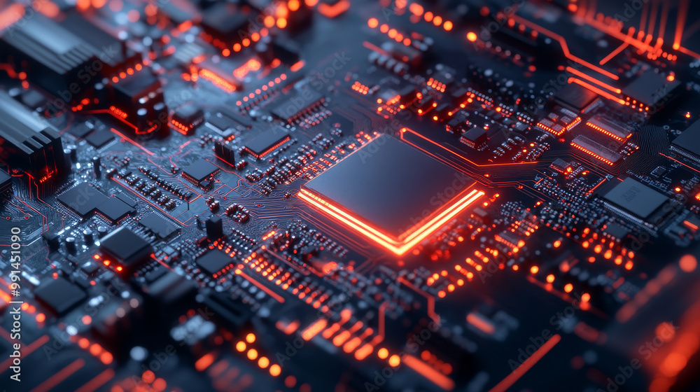 The image shows a computer's circuit board, highlighting the central processing unit (CPU) and other chips on the motherboard. The image shows a computer's circuit board, highlighting the central processing unit (CPU) and other chips on the motherboard.