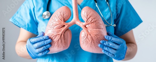 A healthcare worker holding a realistic model of lungs, emphasizing the importance of patient education in preventing respiratory diseases. photo