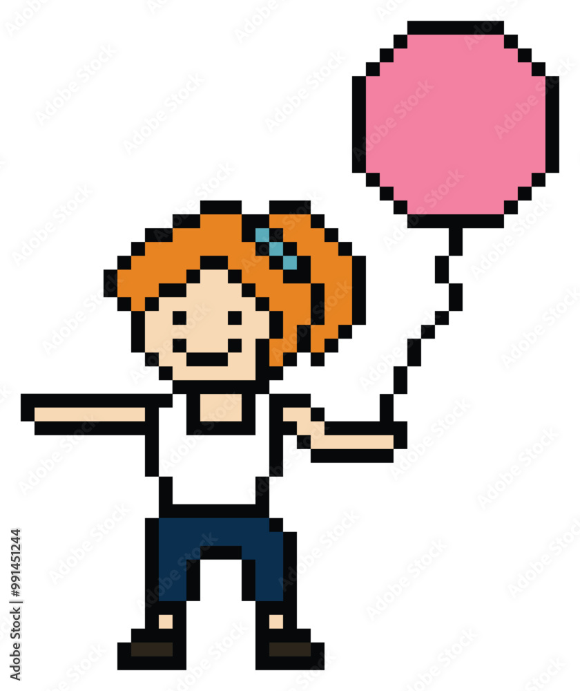 Fototapeta premium Cute pixel cartoon character girl kid hold or play balloon decoration 8 bit woman with balloon pixel game png vector.