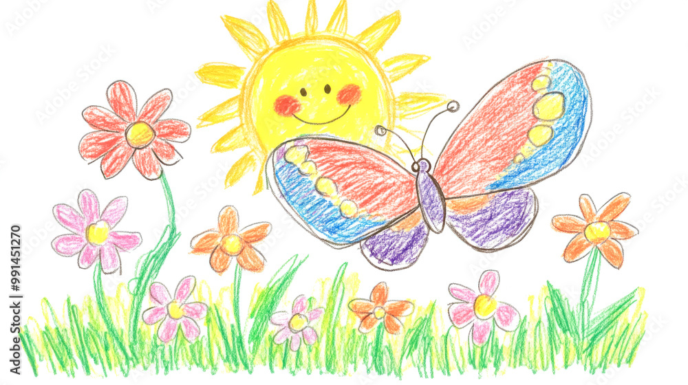 Colorful butterfly flying in a field of flowers with smiling sun Colorful butterfly flying in a field of flowers with smiling sun