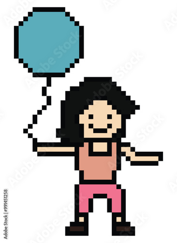 Cute pixel cartoon character girl kid hold or play balloon decoration 8 bit woman with balloon pixel game png vector.