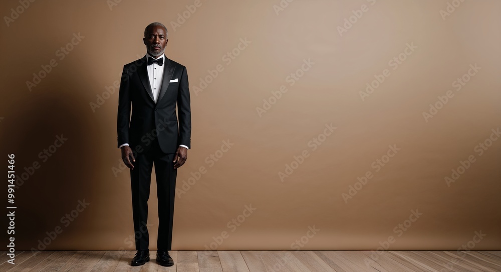 Fototapeta premium Middleaged Black man in a luxurious tuxedo standing elegantly against a warm taupe background