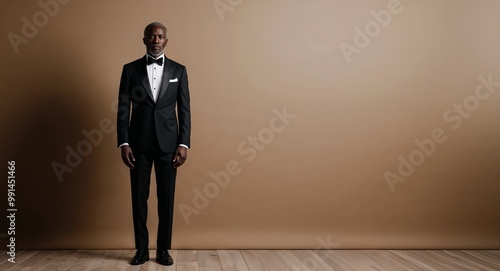 Middleaged Black man in a luxurious tuxedo standing elegantly against a warm taupe background photo