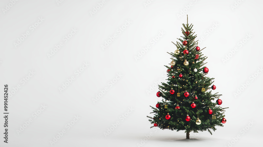 A Christmas tree with ornaments, standing out against a plain white background. A Christmas tree with ornaments, standing out against a plain white background.