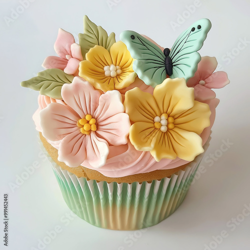 Spring themed cute cup cake with flowers and butterflies on it isolated on a light background
