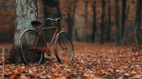 Vintage bicycle leaning against a tree in an autumn forest covered with fallen leaves