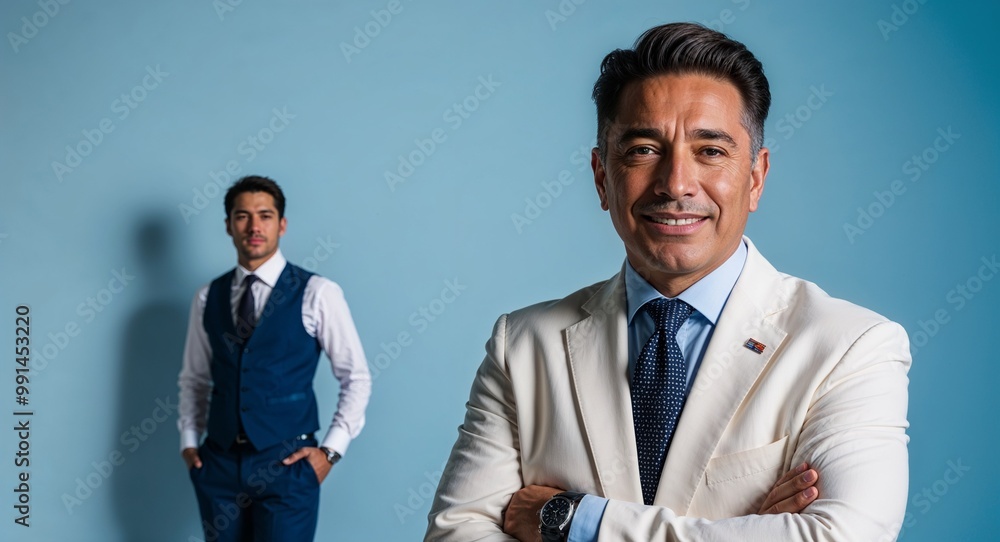 Middleaged Hispanic man in a formal outfit posing confidently against a light blue background Middleaged Hispanic man in a formal outfit posing confidently against a light blue background