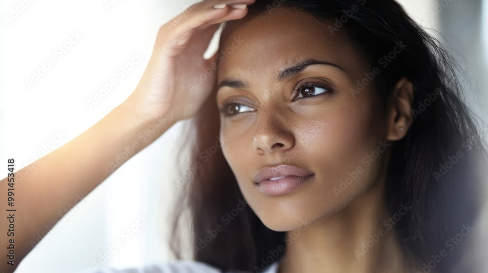 Pensive Woman Gazing Through Window in Natural Light Pensive Woman Gazing Through Window in Natural Light