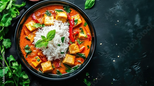 An appetizing display of Thai red curry with tofu, served with fragrant jasmine rice and fresh herbs on a dark background.