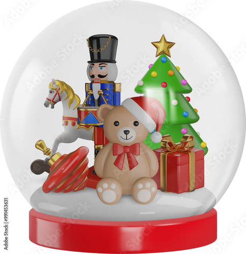 christmas snow globe with 3d realistic elements. 3d isolated snowglobe with toys and christmas tree