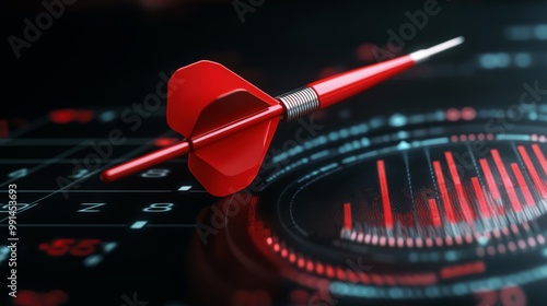 A red dart striking the bullseye while illuminated data charts surround it, symbolizing the precise targeting of key growth areas in a business. photo