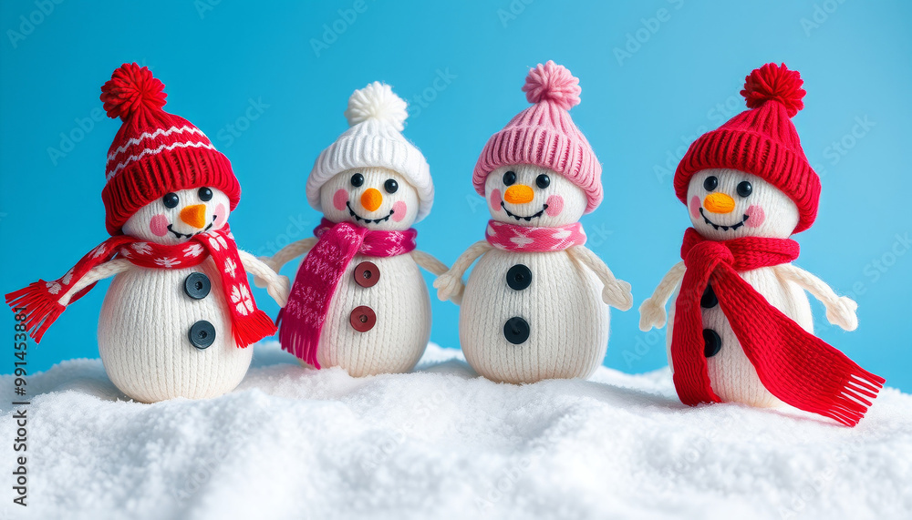 knitted snowmans on the snow with isolated blue background knitted snowmans on the snow with isolated blue background