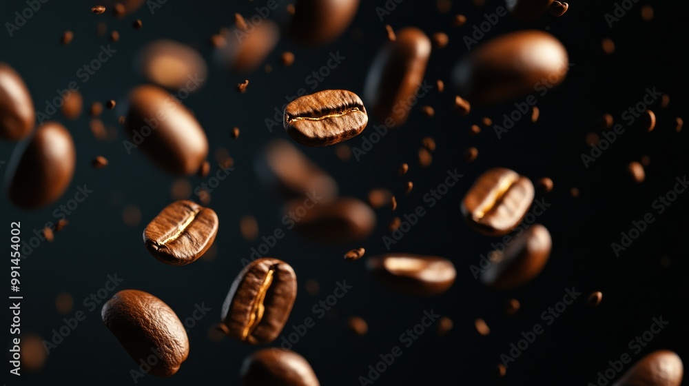 Roasted coffee beans suspended in mid-air, captured in motion with small particles floating around, set against a dark background. Roasted coffee beans suspended in mid-air, captured in motion with small particles floating around, set against a dark background.