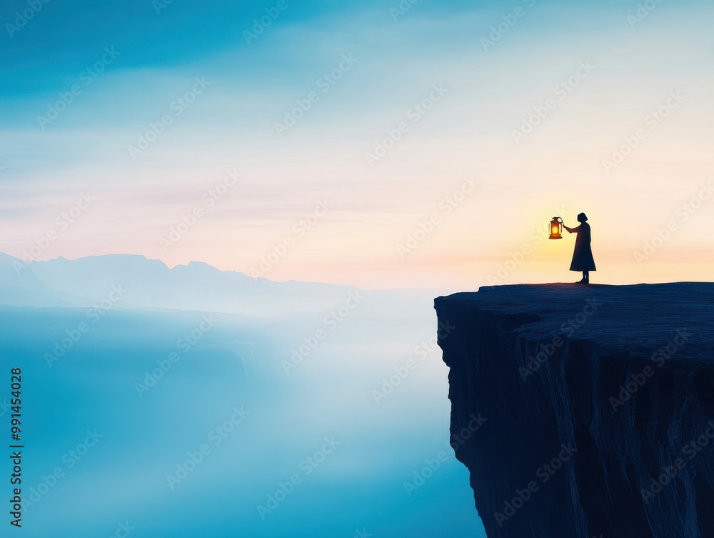 A solitary figure stands on a cliff holding a lantern, surrounded by misty mountains and a serene, colorful sky. A solitary figure stands on a cliff holding a lantern, surrounded by misty mountains and a serene, colorful sky.