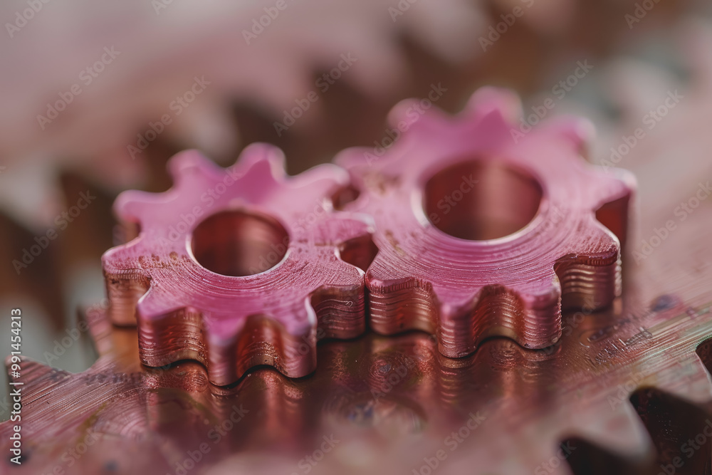Metal gears interlock to form a flexible pink mechanism. It represents camaraderie. Metal gears interlock to form a flexible pink mechanism. It represents camaraderie.