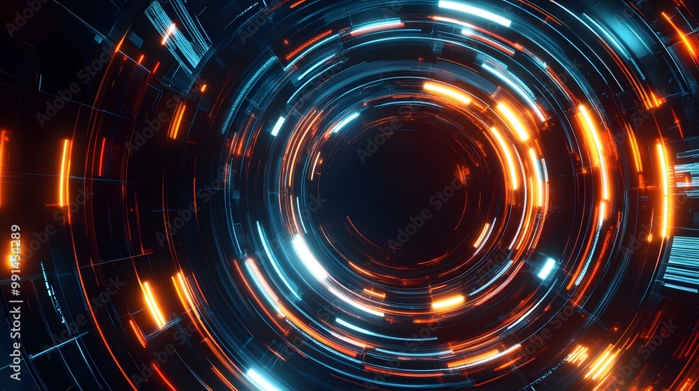 Abstract Digital Ring with Glowing Orange and Blue Lines Abstract Digital Ring with Glowing Orange and Blue Lines